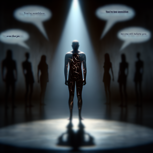 Dark artistic composition showing emotional abuse impact with silhouetted figure in spotlight surrounded by shadowy figures with speech bubbles containing negative messages
