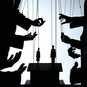 Silhouetted puppet master hands controlling marionette strings with two figures on platform, representing emotional abuse manipulation tactics and control