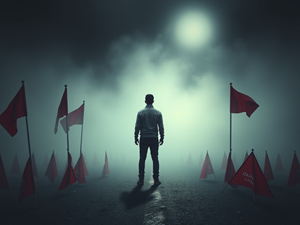 Silhouetted figure standing among red flags in misty, ominous landscape representing recognition of emotional abuse warning signs