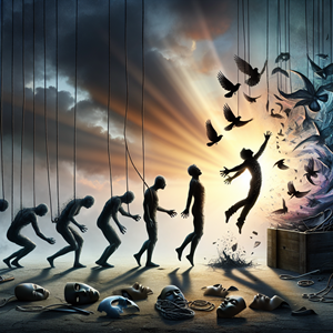 Evolution sequence showing figure breaking free from chains and transforming into flying birds, representing healing journey from emotional abuse toward freedom