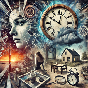 Surreal artistic composition showing red flags concept with woman's profile, clock, gears, and fragmented scenes representing relationship warning signs and time awareness