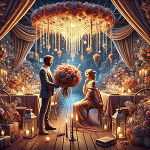 Romantic scene showing love bombing red flags with man presenting elaborate bouquet to woman in ornate, over-the-top setting with excessive flowers, candles, and golden decorations