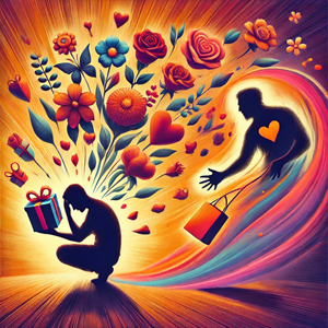 Artistic representation showing domestic violence red flags affecting all people with silhouettes of different figures surrounded by swirling colors, flowers, and gift symbols representing manipulation tactics