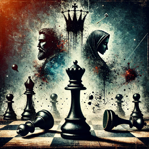 Dark artistic composition showing psychological impact of relationship red flags with chess pieces, silhouetted figures, and crown symbols representing power dynamics and mental manipulation