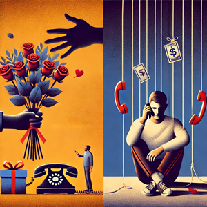 Split artistic composition showing contrast between manipulation tactics (flowers, gifts, phone) and victim awareness, representing empowerment through recognising relationship red flags